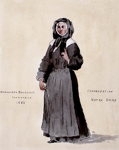 Pen and ink of Marguerite Bourgeoys in the dress style of the day