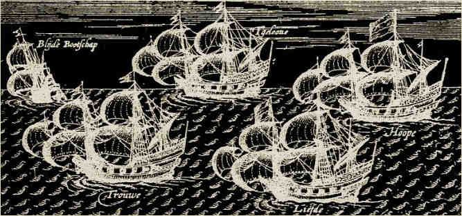 Negative image of a fleet of ships engraving