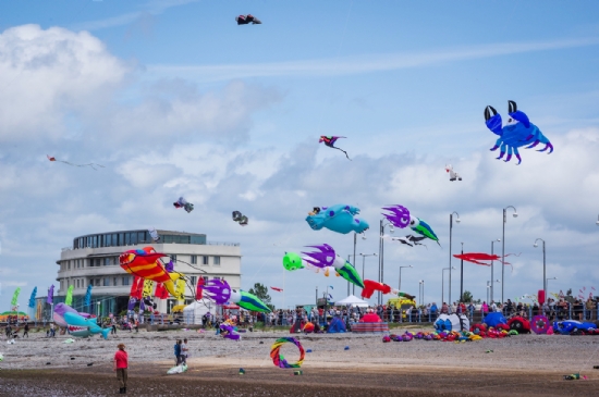 Kites on the beach behind the Midland Hotel in Morecambe