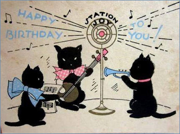 1930s Birthday Card featuring musical instrument playing cats