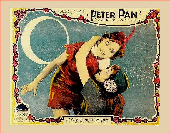 Peter Pan 1924 Silent Movie Lobby Card scene depicting Wendy hanging on to Peter as they take flight