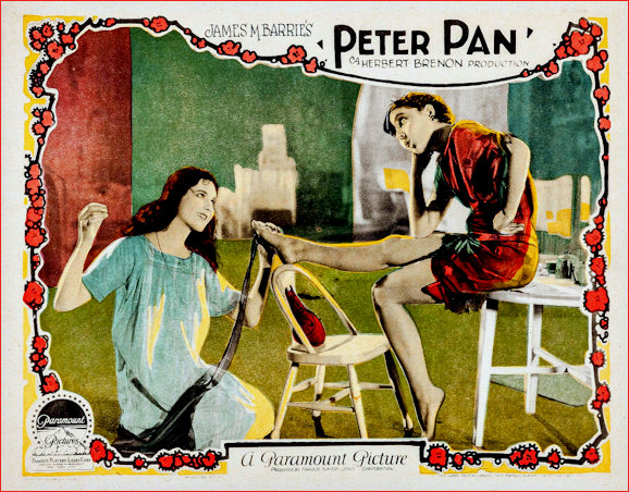 Peter Pan 1924 Silent Movie Lobby Card scene depicting Wendy sewing on the lost shadow
