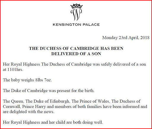 Details of Royal Birth from Kensington Palace