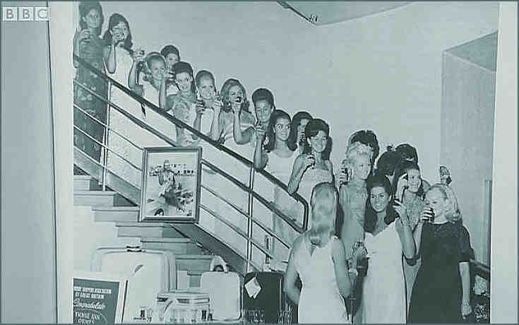 Contestants for 1968 Miss Great Britain grace the stairwell