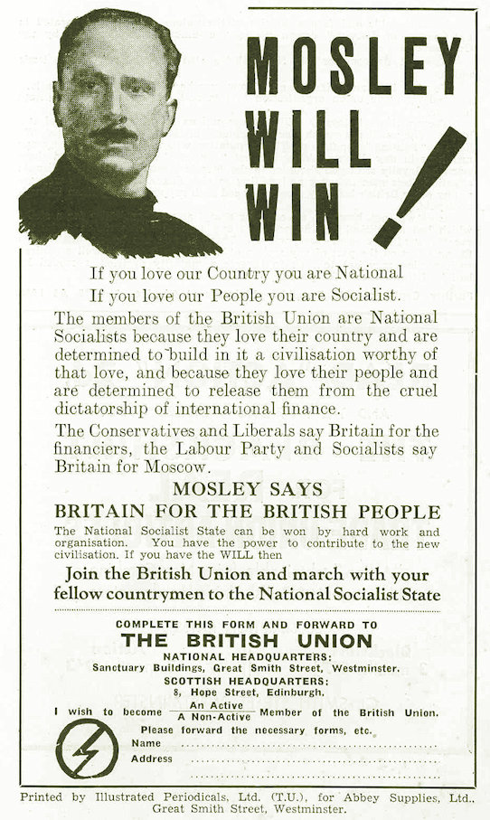 Avert on the back cover of a British Union of Fascists pamphlet entitled 'Strike Action or Power Action'