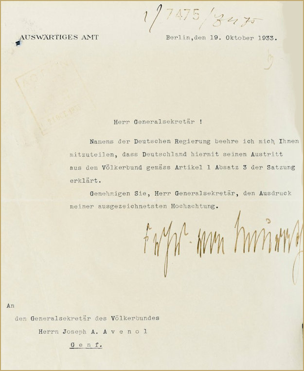 Letter to the League of Nations announcing Germany's withdrawal