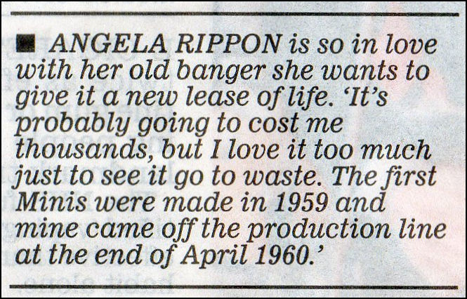 Newspaper article saying Angela Rippon wants her Mini restored