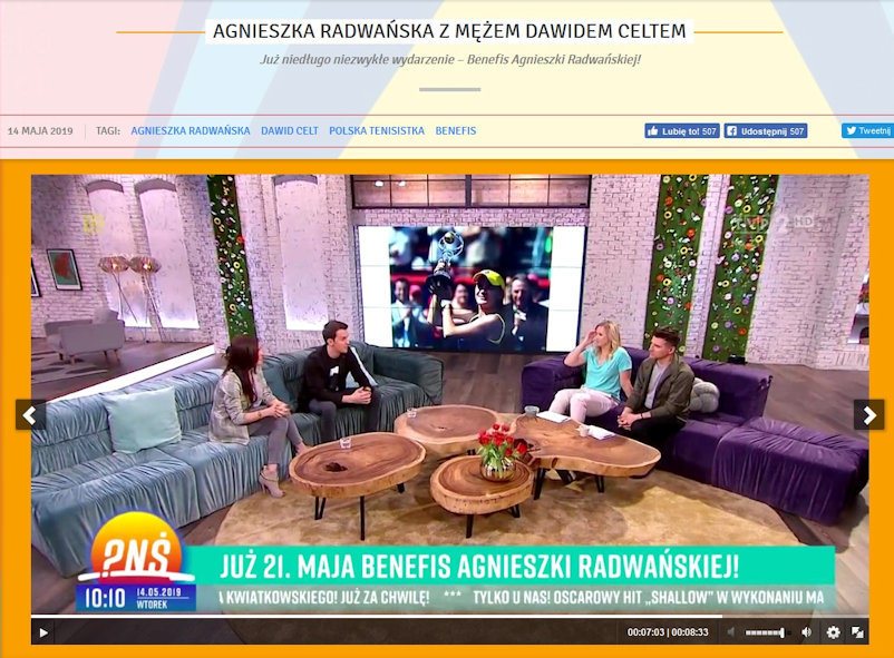 Aga and Dawid on the Sofa on Polish Television's 'Breakfast Question Time.' One of her major victories provides the backdrop to the interview and the date promoting Aga's forthcoming 'Benefit' is displayed on screen