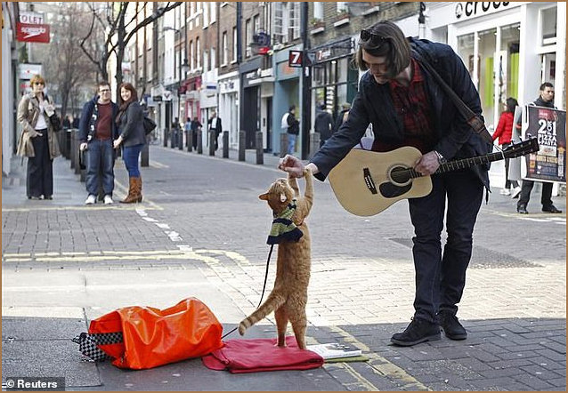 Streetwise Bob busking with his owner