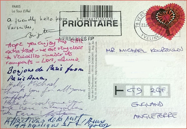 Reverse signed postcard sent to Michael K