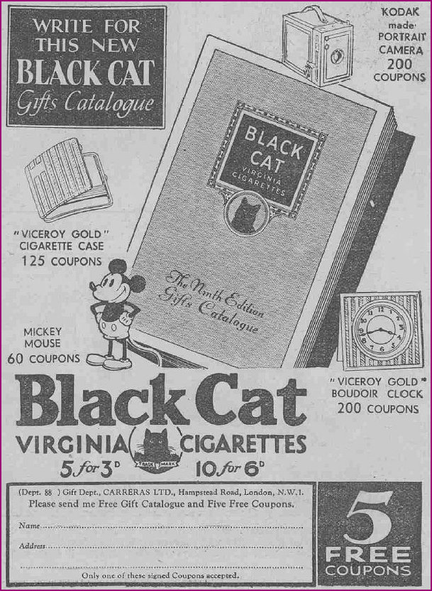 Mickey Mouse Coupons in conjunction with Black Cat Cigarettes