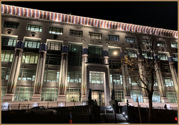 Black Cat Factory all lit up at night