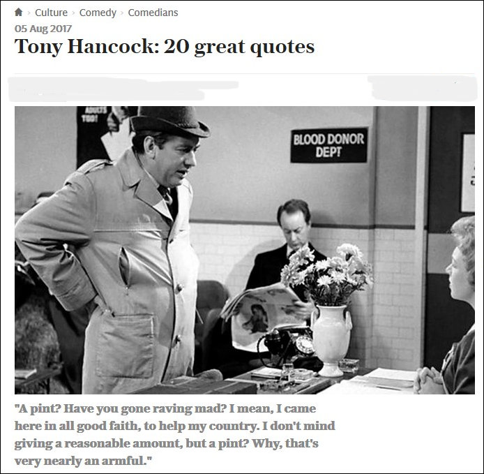 Tony Hancock Blood Donor Quote