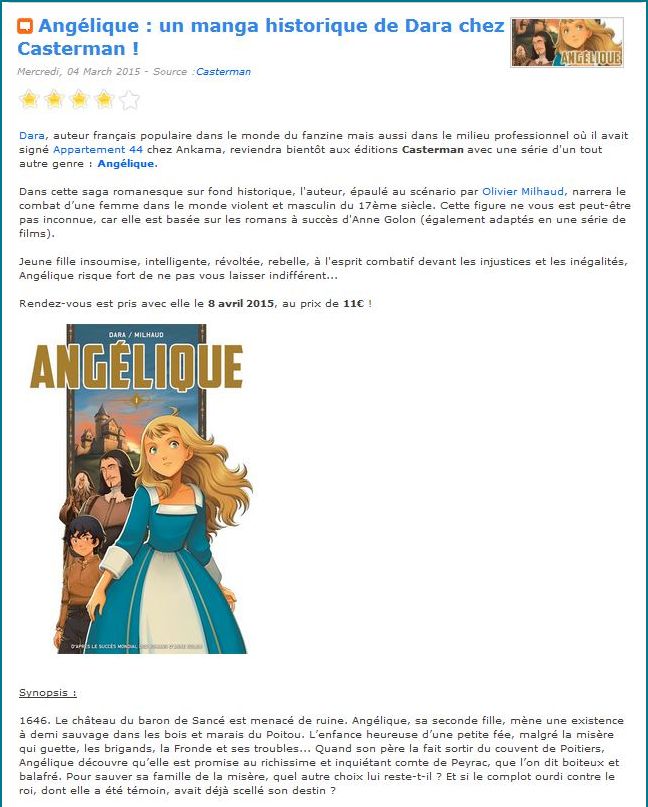 Angelique Manga as advertised on Manga-News