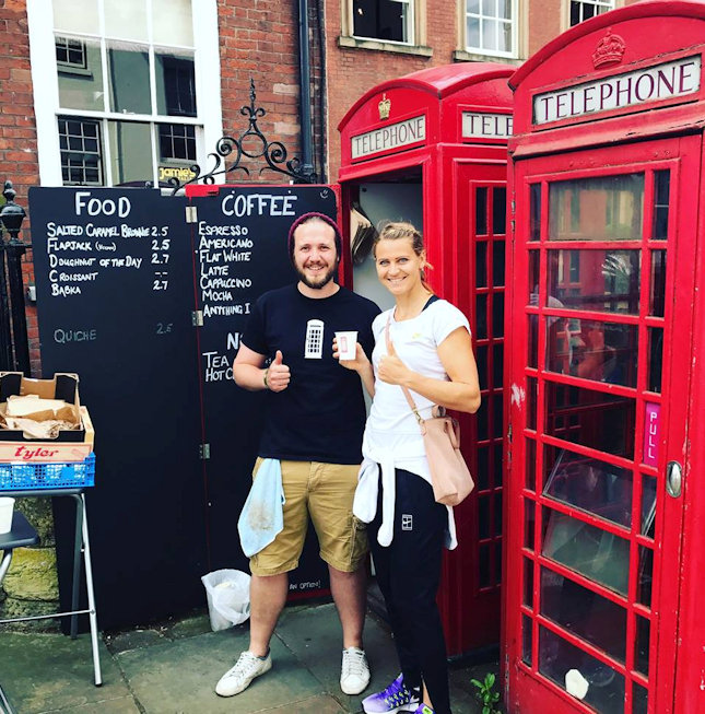 Lucy and a red telephone kiosk in Nottingham 2017