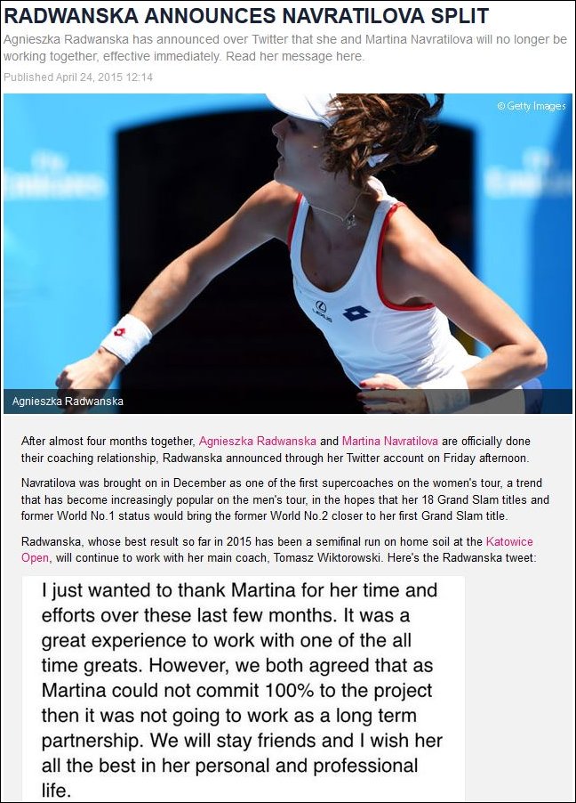 Radwanska announces split on Twitter