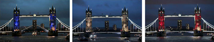 Tower of London lit up in tricolor