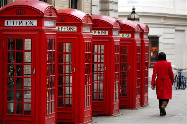 Row of red telephone kiosks