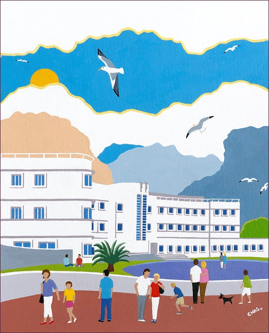 Painting of hotel by Chas Jacobs