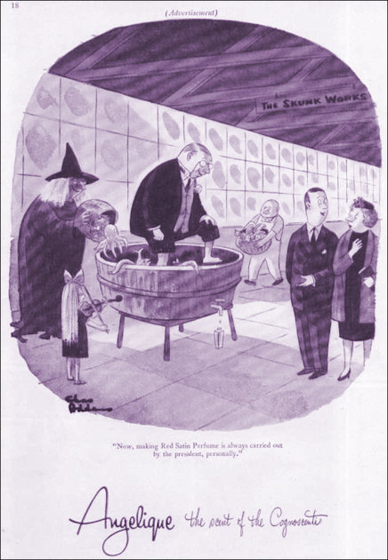 Red Satin ad featuring cauldron and witch