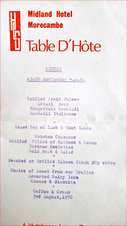Midland Hotel Menu 1978