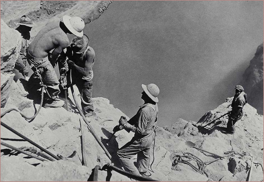 Hoover DAM bechte hoover dam workers use pnematic drill to shape abutments 1935
