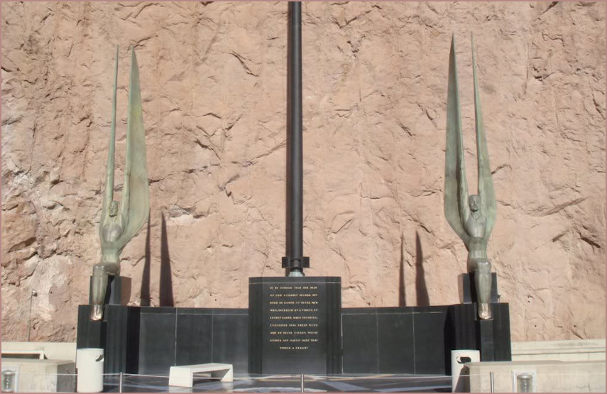 Rising from a black, polished base, is a 142-foot flagpole flanked by two winged figures, the Winged Figures of the Republic