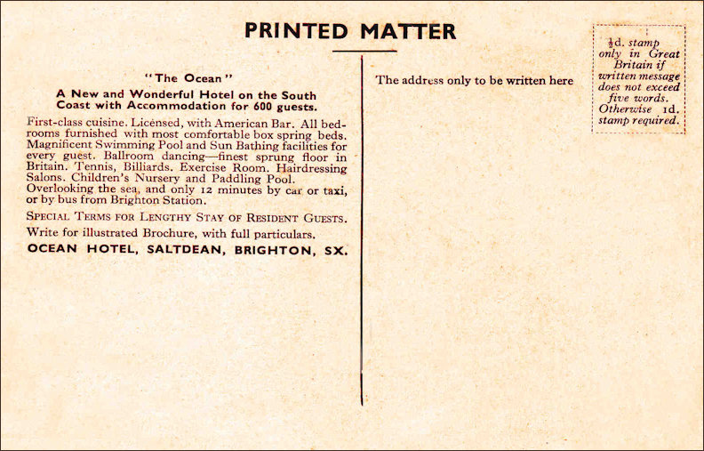 Ocean Hotel tariff postcard back