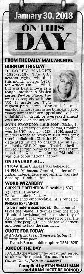 Daily Mail Daily Digest of happenings from the Daily Mail featuring Dorothy Malone