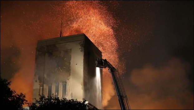 The Littlewood Clock Tower ablaze 2018