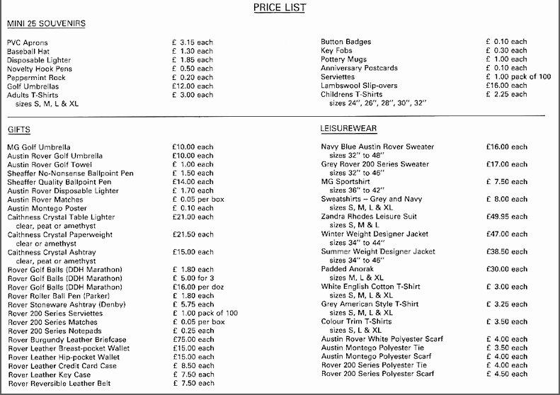 Souvenirs Price List