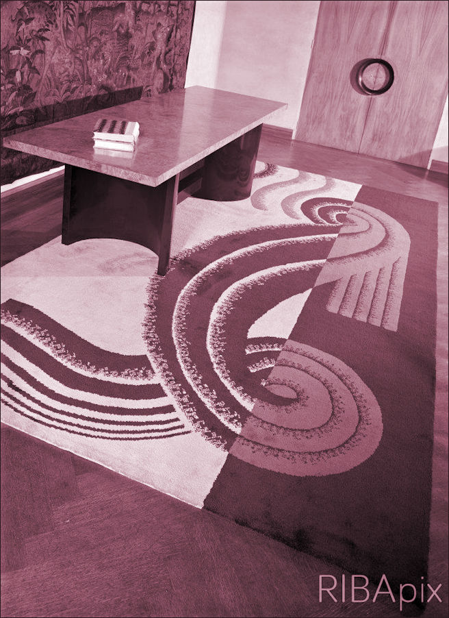 Mrs Robert Solomon's music room with rug designed by Marion Dorn