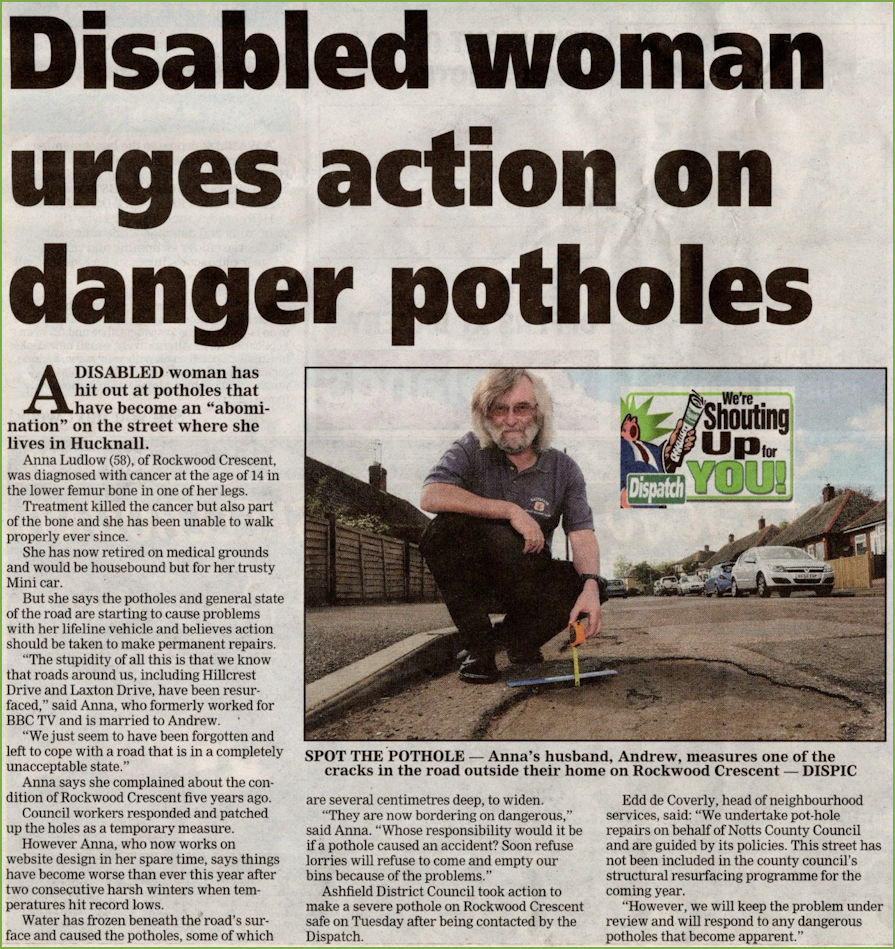 Hucknall Dispatch carrying the pothole story