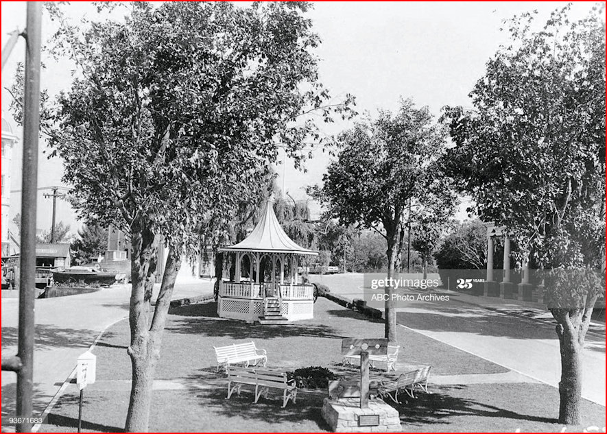 Pillory against a backdrop of the Bandstand