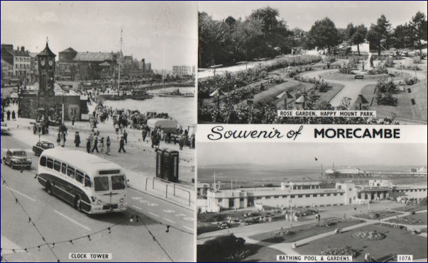 Souvenir of Morecambe featuring a 50s style bus